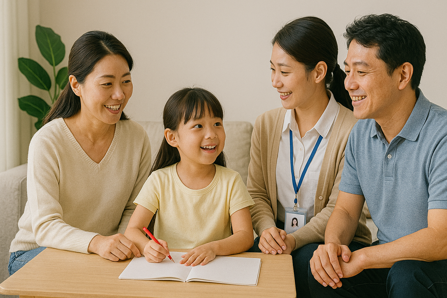 부모와 여자아이가 학습교육에 대한 상담을 들고 있습니다.