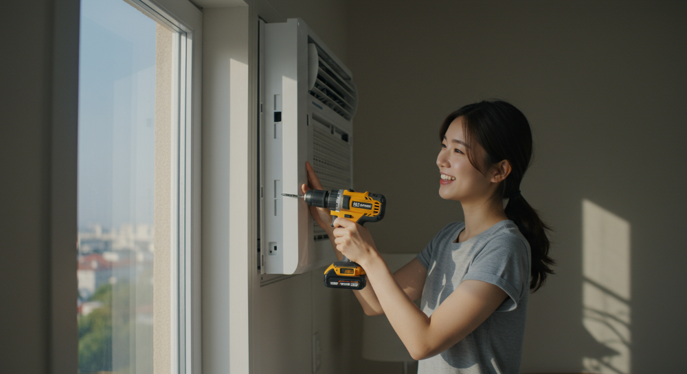 환한 방에서 젊은 여성이 전동 드릴을 이용해 2025년형 창문형 에어컨을 직접 설치하고 있는 모습. 창문 밖으로는 푸른 하늘이 보이며, 실내에는 시원한 분위기가 감돈다.