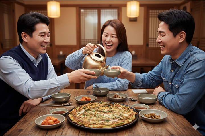 남성 2명, 여성 1명이 파전에 막걸리를 즐기는 모습