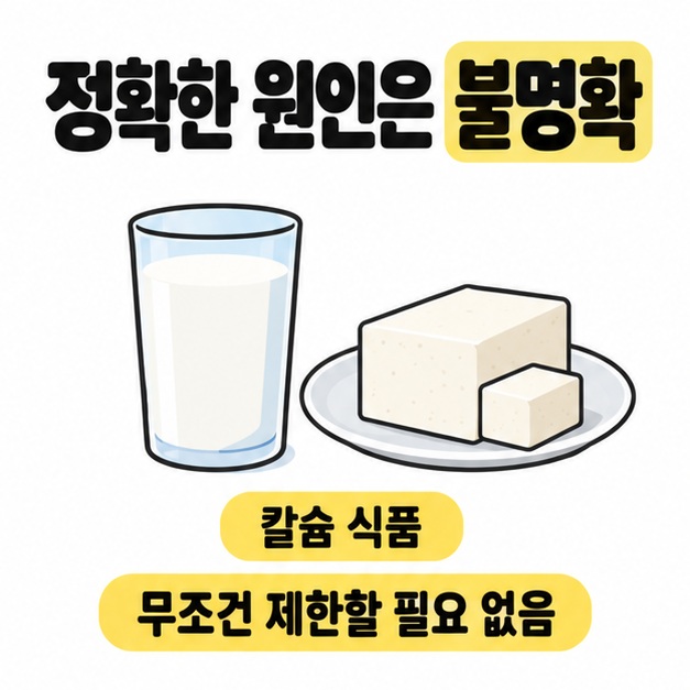 정확한 원인은 불명확하다는 제목과 우유 및 두부 그림 아래 칼슘 식품을 무조건 제한할 필요가 없다는 안내