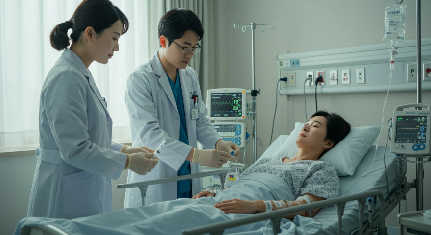 병원에서 수액과 인슐린 치료를 받는 한국인 환자