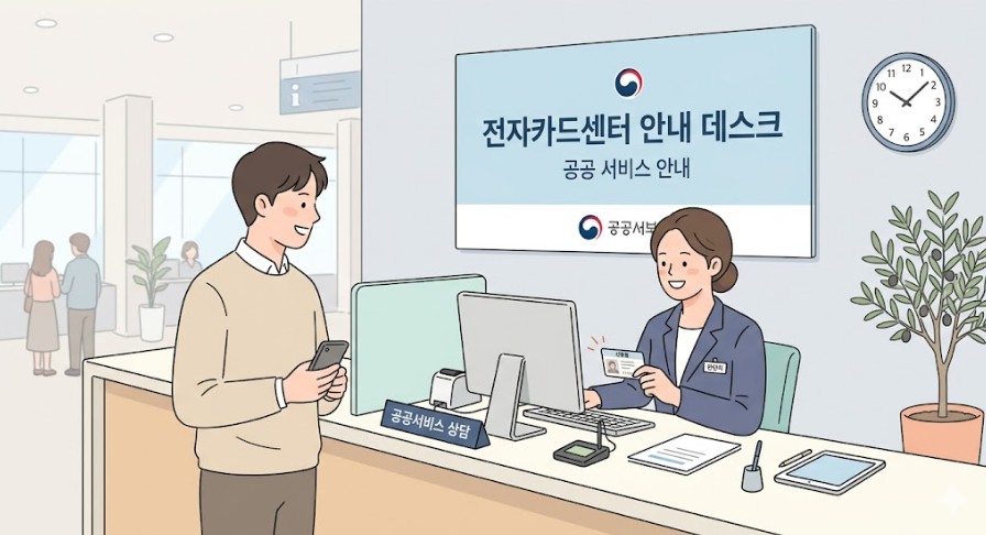 깨끗하고 전문적인 관공서 느낌의 전자카드센터 안내 데스크 창구, 친절한 직원이 신분증을 확인하는 모습