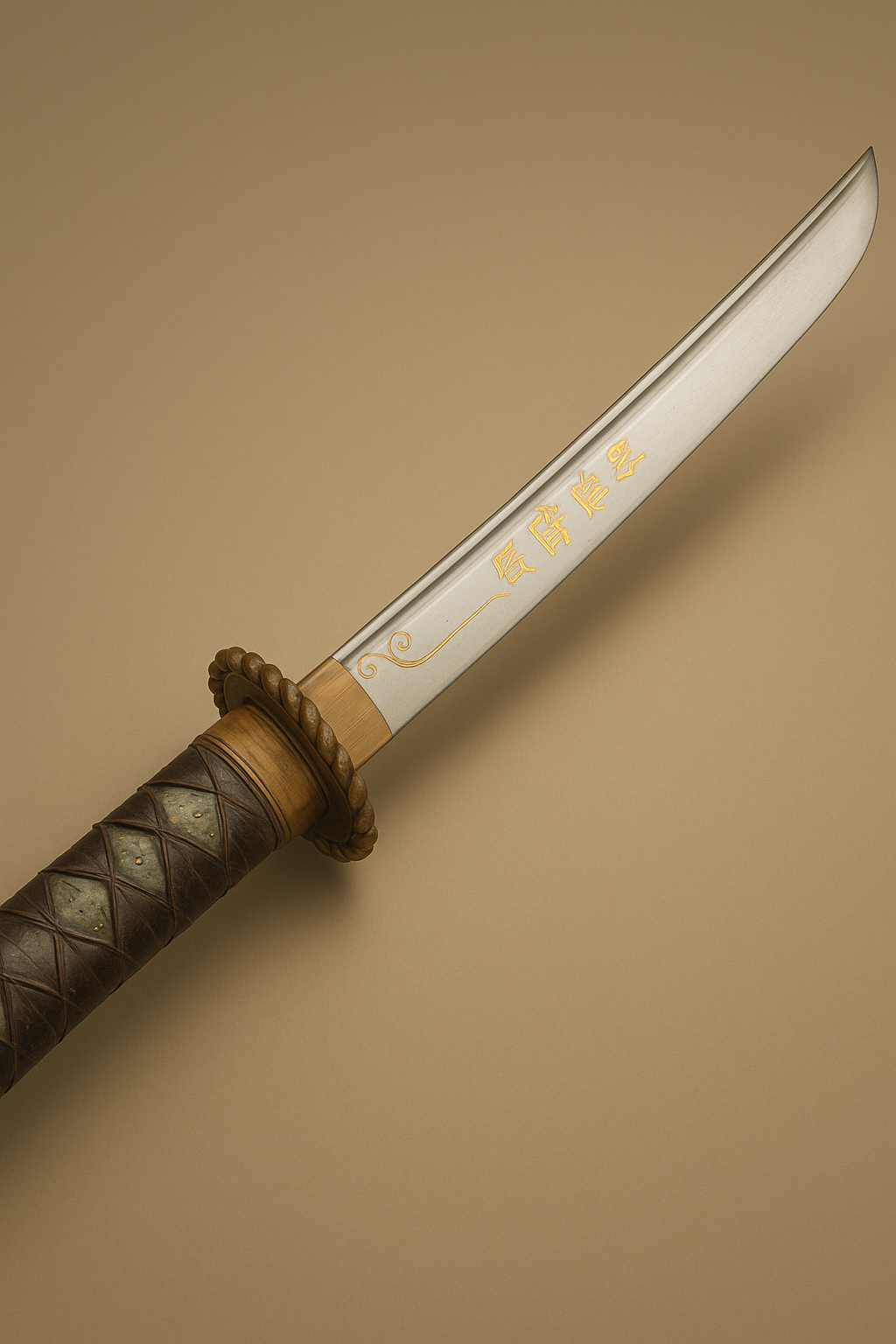 “이순신 장검을 모티브로 재구성한 전통 검 디자인의 AI 창작 이미지, 섬세한 손잡이와 금빛 문양이 새겨진 검날이 강조된 장식용 일러스트”