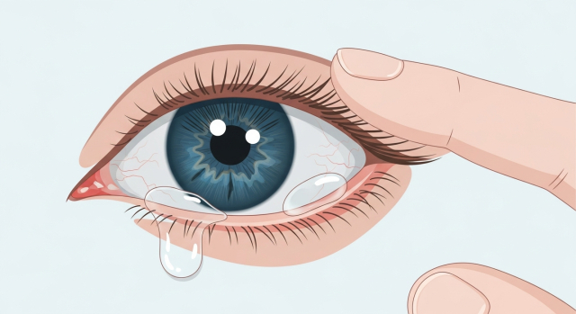 수술 직후 이물감과 충혈이 있는 눈을 표현한 일러스트