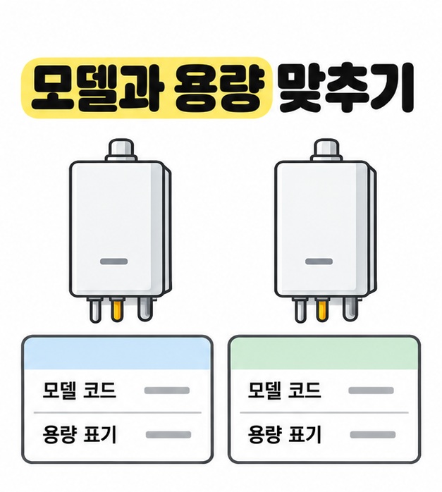 두 보일러 아래 모델 코드와 용량 표기 항목을 같은 위치에 배치해 비교 기준을 보여 주는 그림