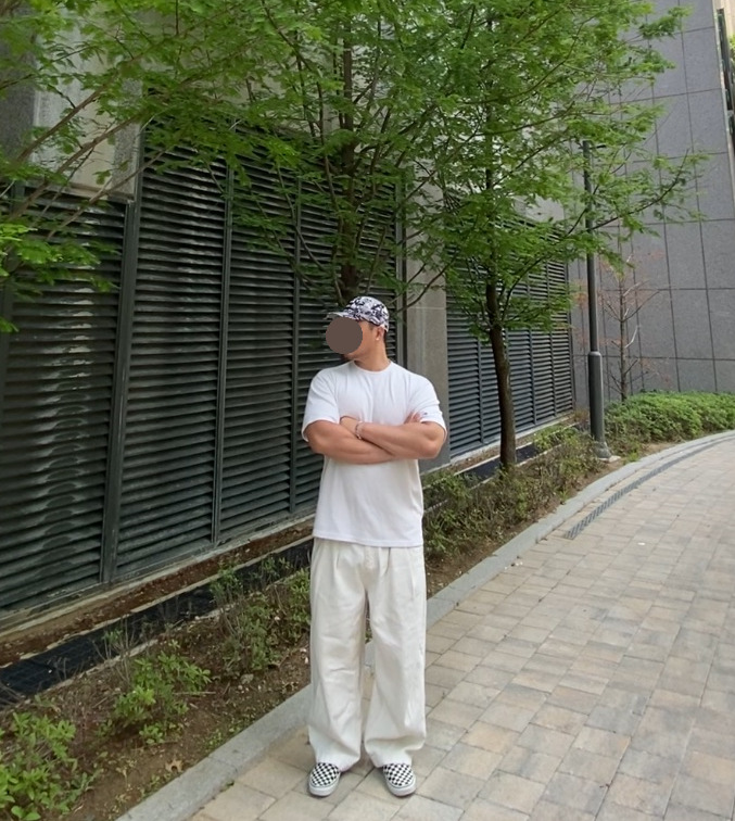 데일리룩('26. 5. 26.)맥우드건 콜라주 프린트 모노 캠프캡, 어커버 오버핏 오버사이즈 티셔츠 반팔, 무신사스탠다드 무신사 데님와이드 벌룬팬츠, 반스 체커보드