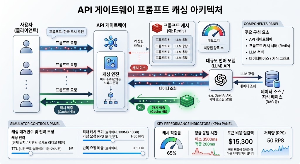 엔터프라이즈 환경에서 LLM 추론 비용 최적화를 위해 사용자 요청을 시맨틱 분석하고 API 게이트웨이에서 프롬프트를 캐싱하는 핵심 아키텍처 흐름도