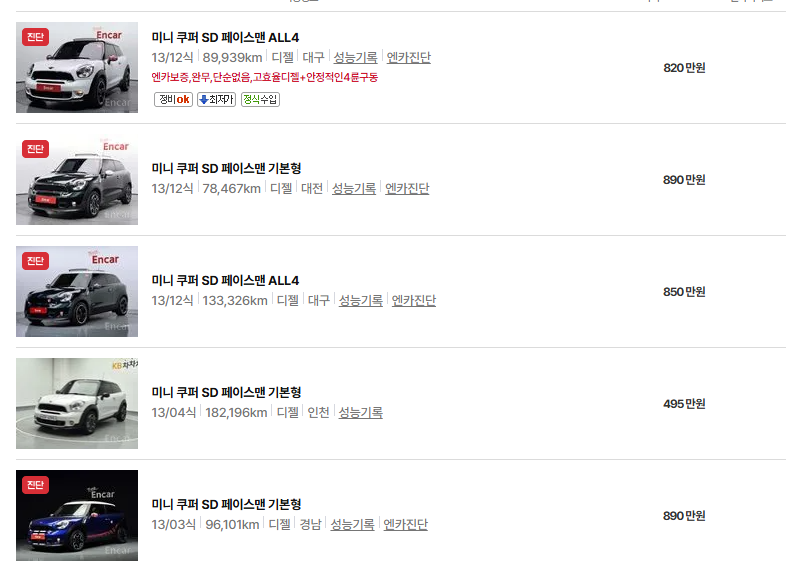 미니 페이스맨 중고차 가격 시세표 연비
