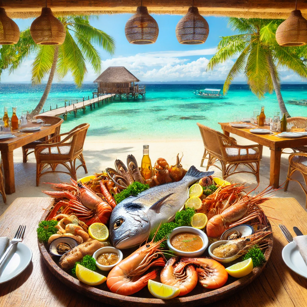 해변가에 자리한 피라타 레스토랑의 신선한 해산물 플래터