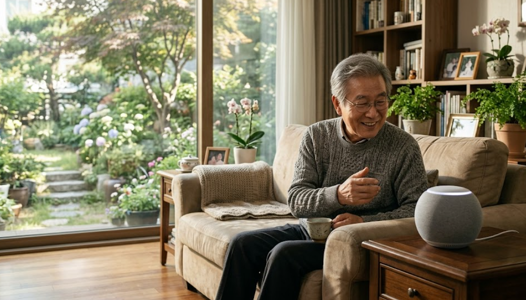 어르신이 AI 스피커와 다정하게 대화를 나누며 창밖을 바라보는 모습