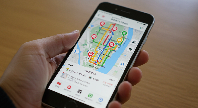 카카오T 버스 앱으로 제주 버스 노선을 확인하는 모습