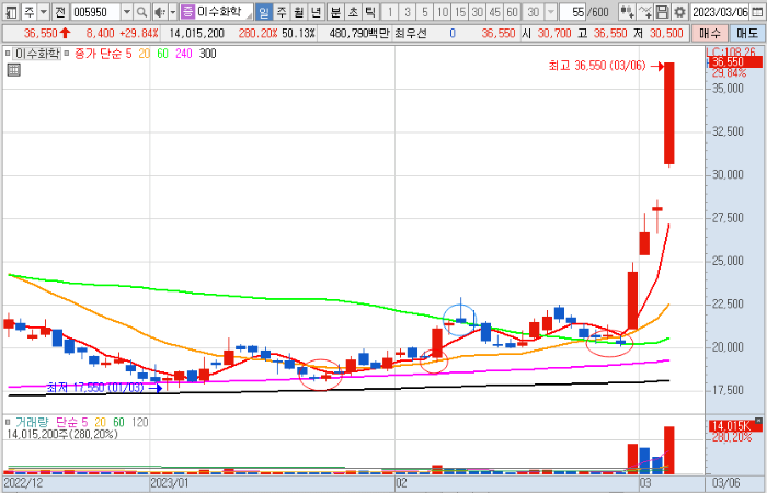 3월 6일 이수화학 일봉 차트