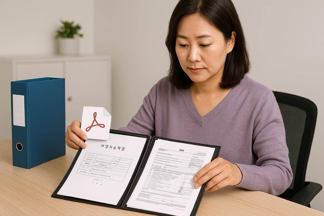 서류철과 증빙자료를 정리하는 자영업자