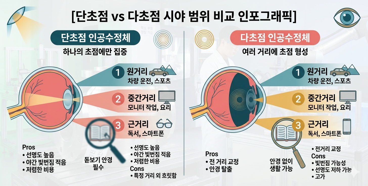 단초점 렌즈와 다초점 렌즈의 초점 거리별 선명도 차이를 보여주는 비교 이미지