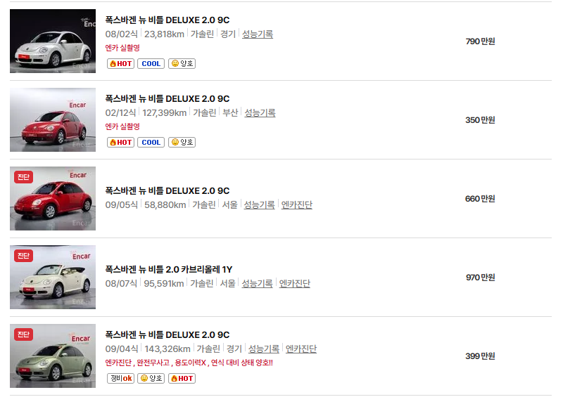 폭스바겐 비틀 중고차 가격 시세표 연비