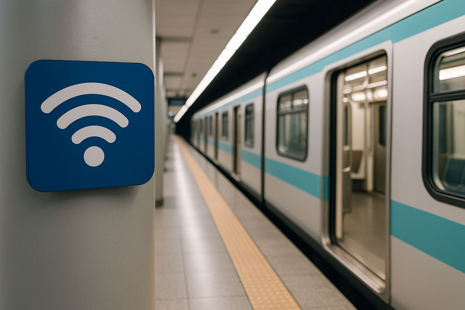 A modern underground subway station in Seoul where passengers are using smartphones with free Wi-Fi access