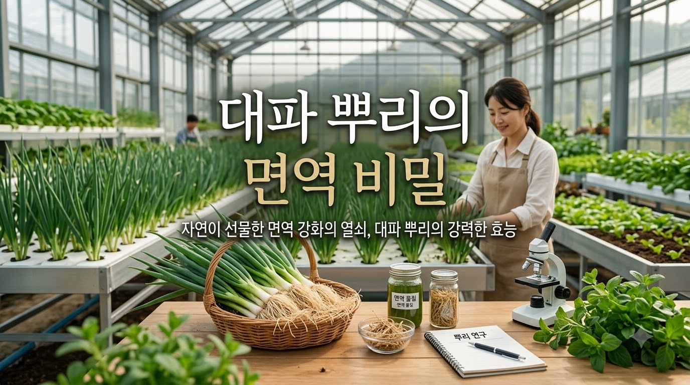 싱그러운 밭에서 수확한 싱싱한 대파와 흙이 묻어 있는 튼실한 뿌리를 함께 들어 올린 농부의 모습