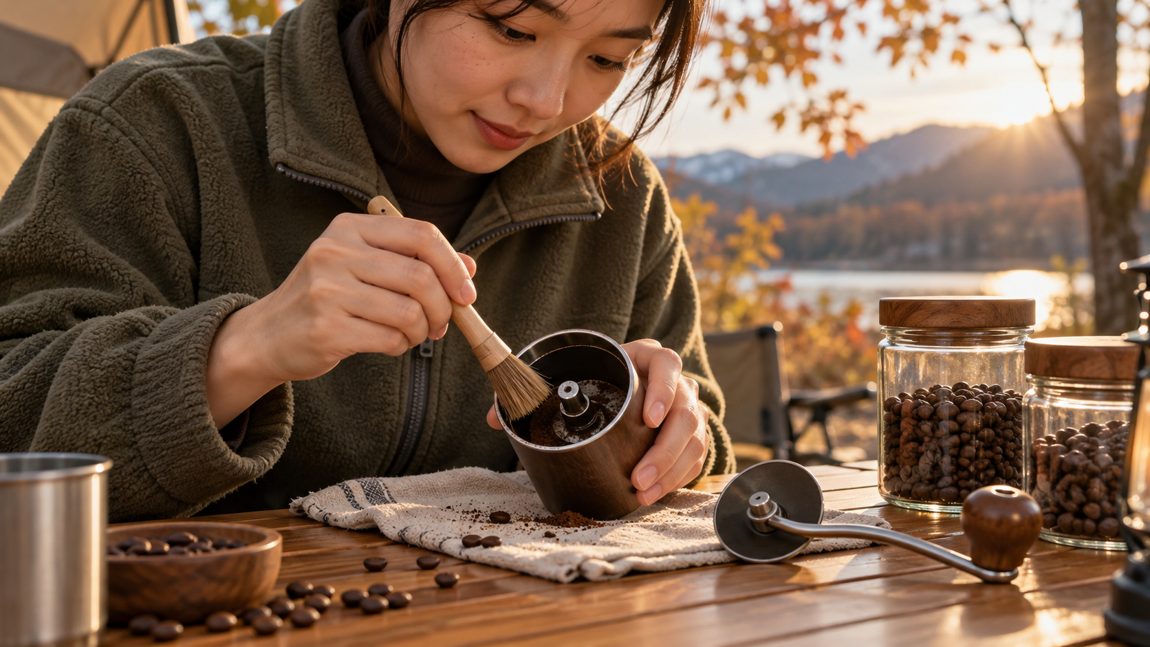 수동 그라인더와 브러시·원두를 살펴보는 일반적인 사용 장면 AI 콘셉트 이미지