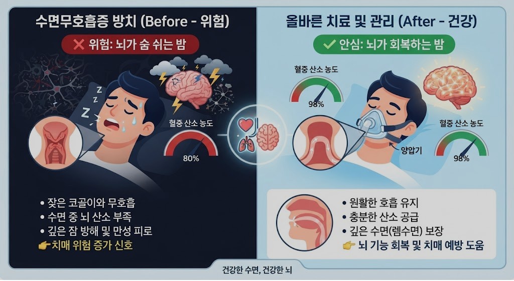 수면무호흡증이 뇌 산소 농도를 80%까지 낮추는 위험한 상황과 양압기 치료로 90%까지 정상 회복되는 과정비교