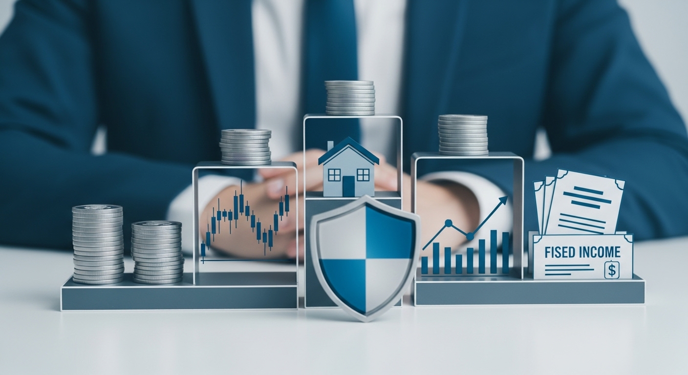다양한 투자 자산(주식, 채권, 부동산, 현금)이 안전하게 분산되어 있는 모습. 위험 관리를 상징하는 보호막 아이콘이 함께 배치되어 있다.