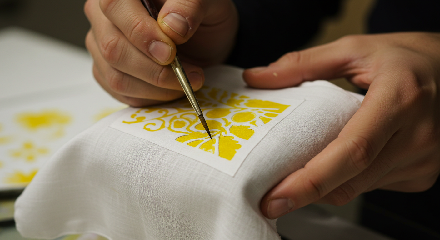 붓을 들고 하얀 손수건 위 형지에 집중하며 색을 입히고 있는 손