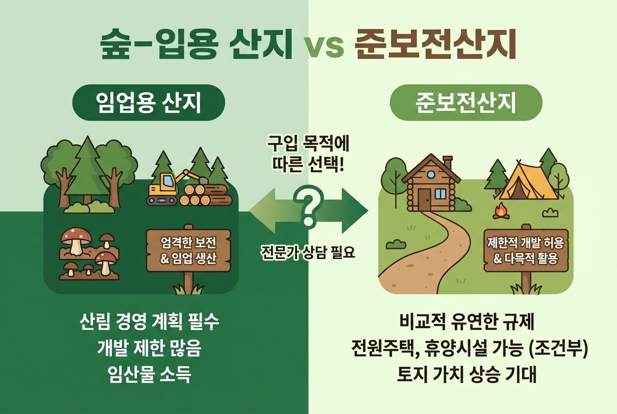 임업용 산지와 준보전산지의 차이를 비교하는 이미지