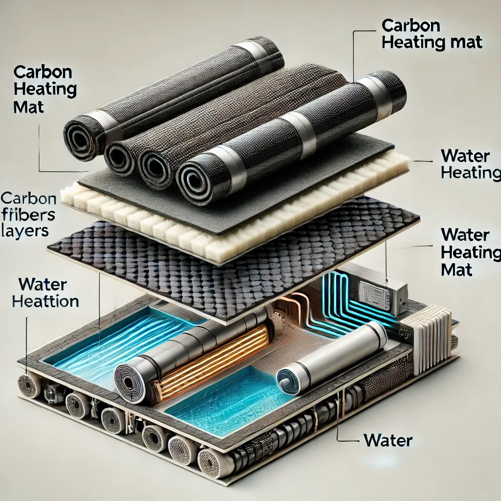 카본매트와 온수매트의 내부 구조와 레이어를 비교한 단면도
