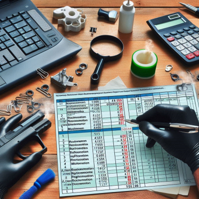 정리된 책상 위에서 문서를 점검하는 검은 장갑 낀 손.