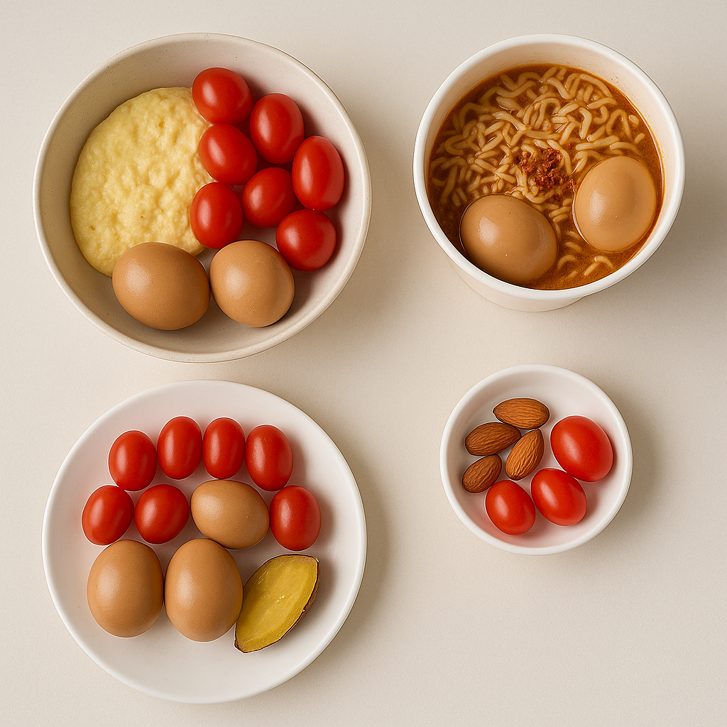 계란찜, 방울토마토, 구운란, 고구마, 컵누들이 정갈하게 놓인 저칼로리 식단