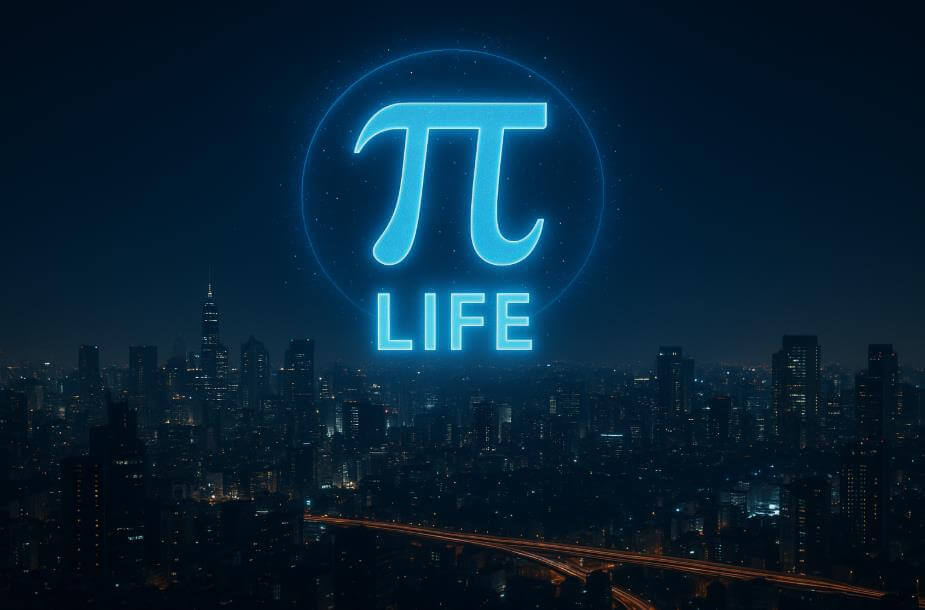 미래 도시 위에 파이 기호와 LIFE가 빛나는 장면