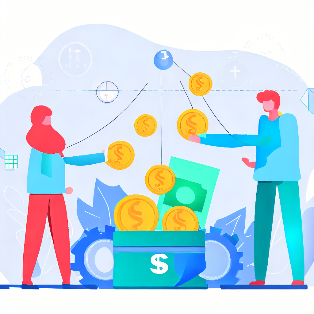 Flat vector style: P2P lending platform with people exchanging money and earning high returns