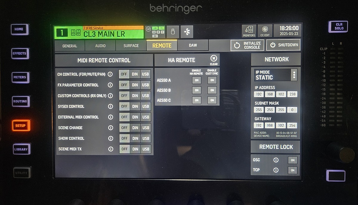 WING의 SETUP-REMOTE탭