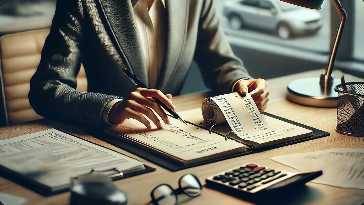 사무실에서 주차비 영수증을 검토하는 비즈니스 전문가