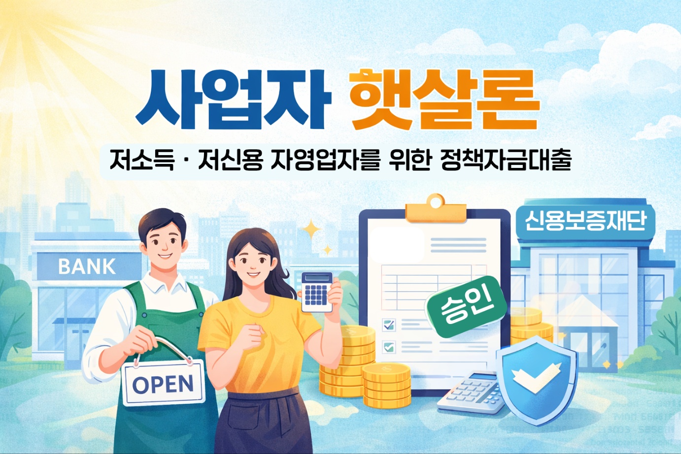 사업자 햇살론 정책자금대출을 설명하는 대표 이미지로, 저소득·저신용 자영업자가 신용보증재단 보증을 통해 은행에서 대출을 받는 구조를 시각적으로 표현한 일러스트