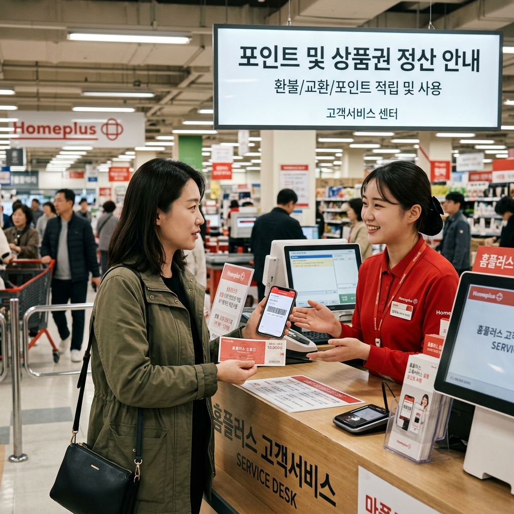 한국 홈플러스 매장 고객서비스센터에서 지류 상품권과 앱 포인트를 환불 정산하려는 한국인 고객의 모습