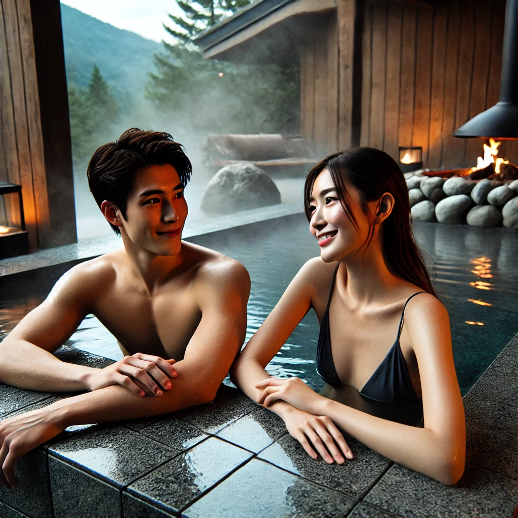 멋진 숙소에서 온천을 즐기는 사진
