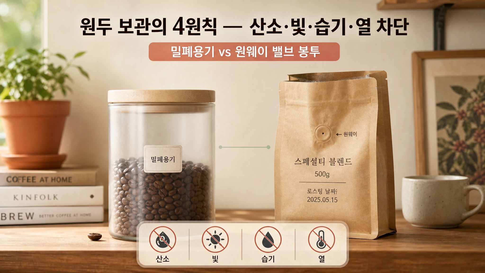 밀폐 용기와 원웨이 밸브가 달린 커피 원두 보관 봉투를 나란히 두고 비교하는 모습