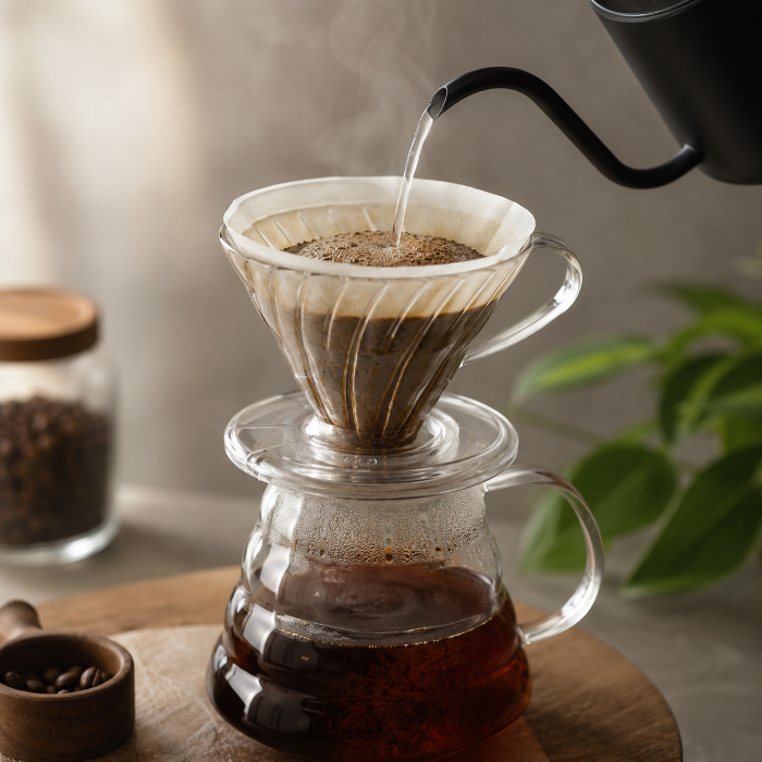 하리오 V60 드리퍼에 뜨거운 물을 부으며 핸드드립 커피를 추출하는 장면, 유리 서버에 커피가 내려지는 모습.