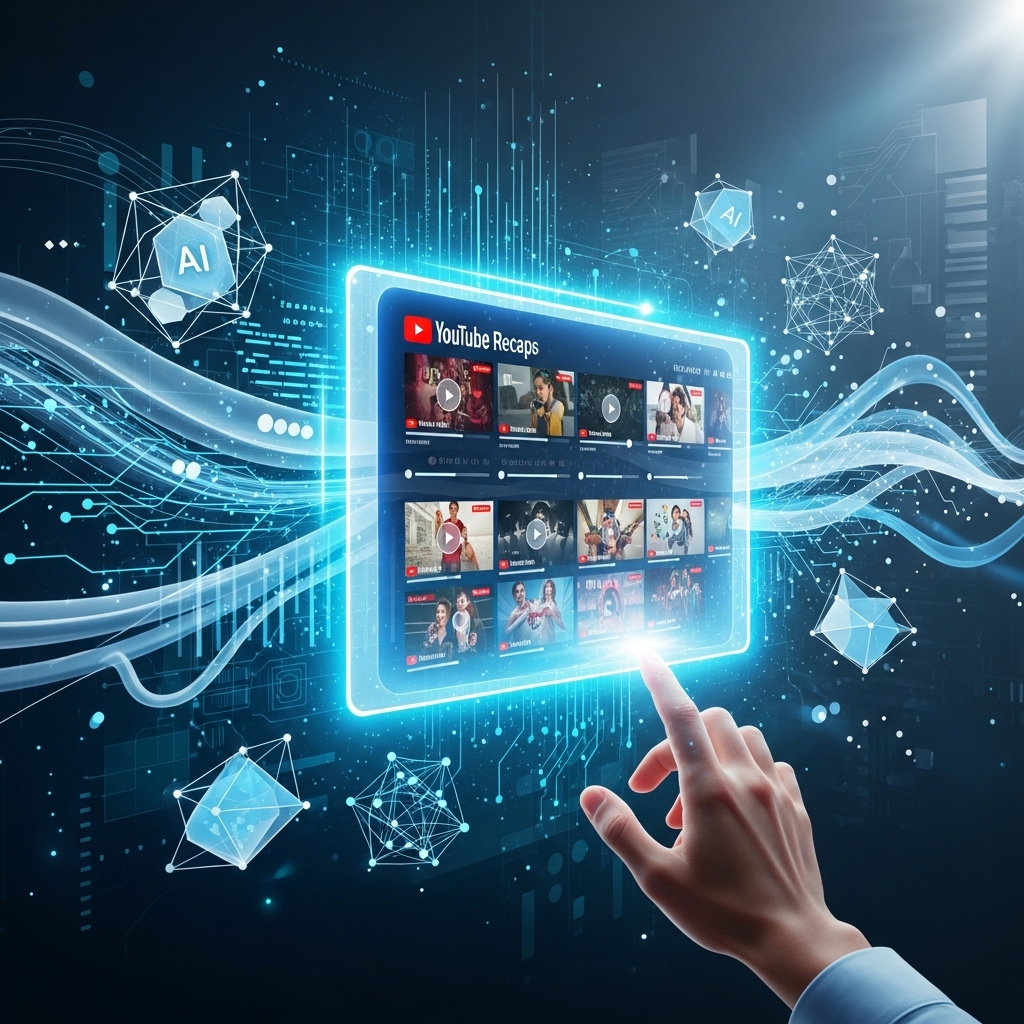 인공지능과 개인화된 기능을 통해 미래로 진화하는 유튜브 리캡을 보여주는 푸른빛의 기술적인 이미지.