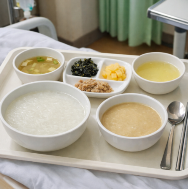 산후조리원 식사 트레이, 흰죽과 미음, 국과 반찬이 함께 나온 산모 회복식, 병원식 건강식 이미지