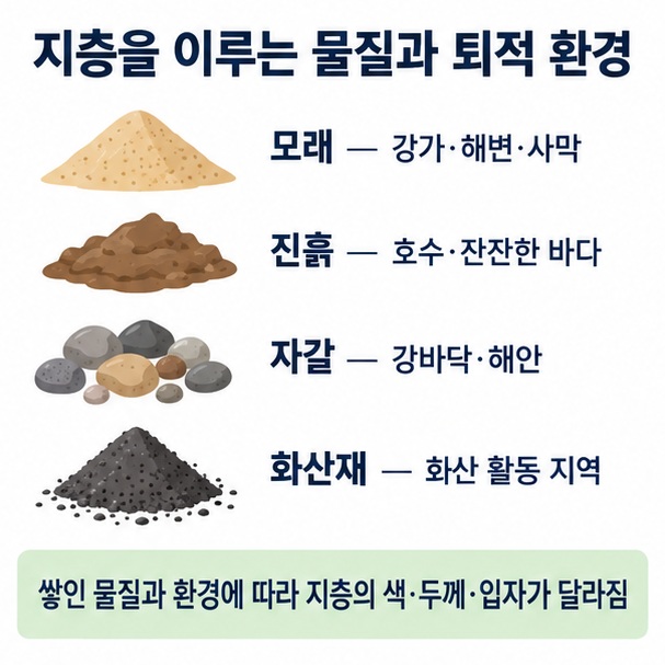 모래 진흙 자갈 화산재가 서로 다른 환경에서 쌓여 지층을 이루는 과정을 비교한 이미지