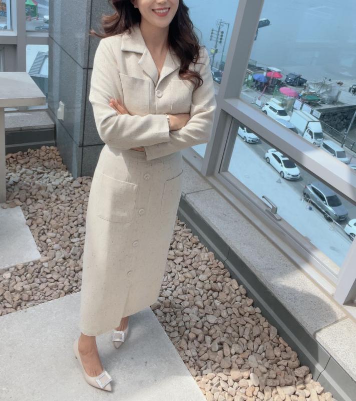 하객 트위드 투피스 롱 스커트 자켓 치마 세트 셋업