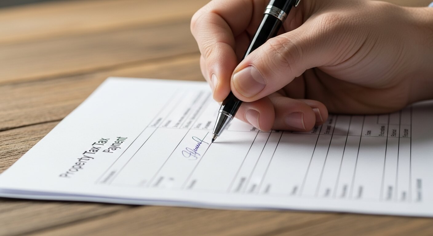 나무 표면 위 재산세 납부 서류에 서명하는 손