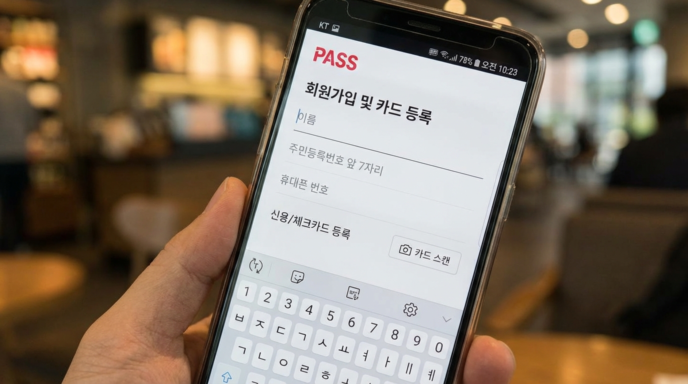 K-패스 공식 앱을 통해 회원가입과 카드 번호를 등록하는 실제 스마트폰 화면 예시