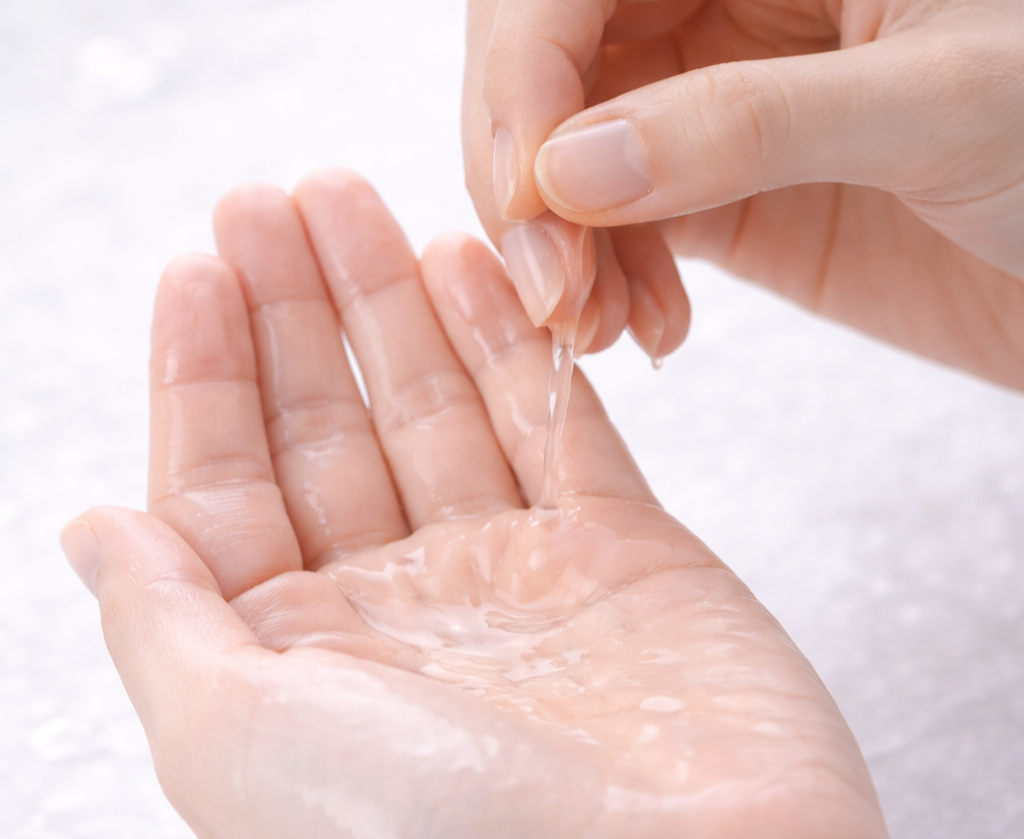 물처럼 가벼운 토너를 손으로 만지는 모습