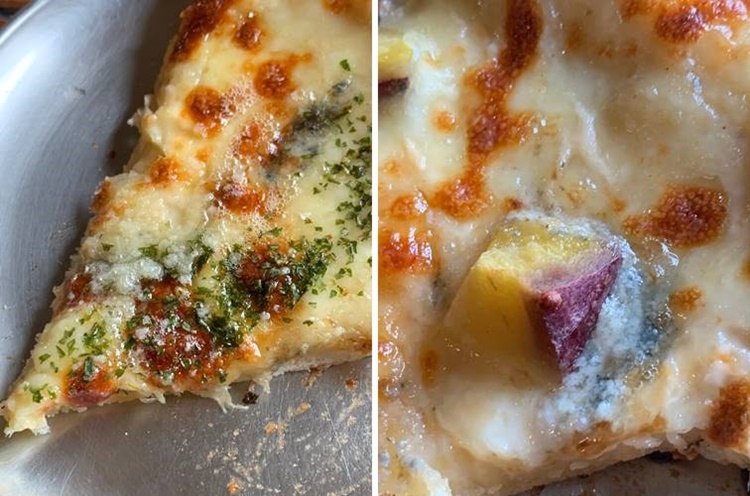 고르곤졸라 피자 조각과 치즈 덩어리