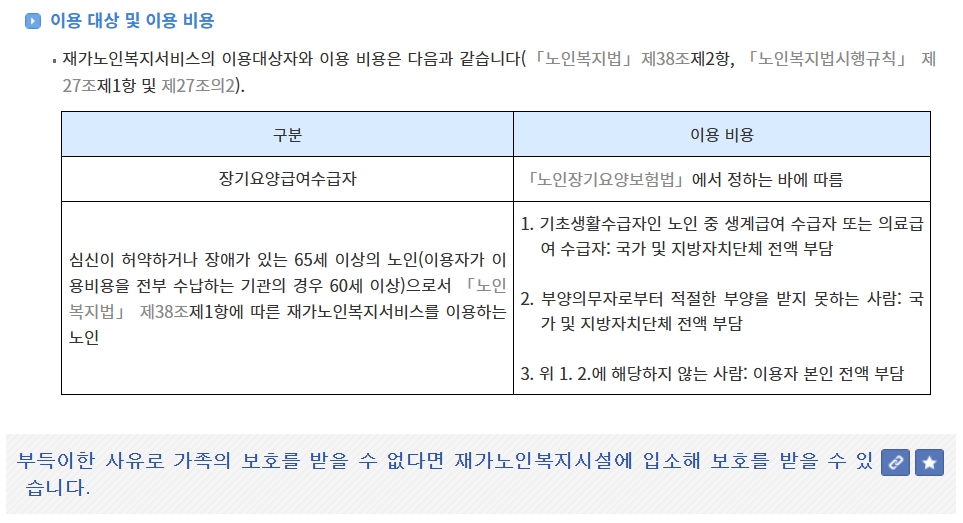 재가노인복지시설 종류 이용대상 비용