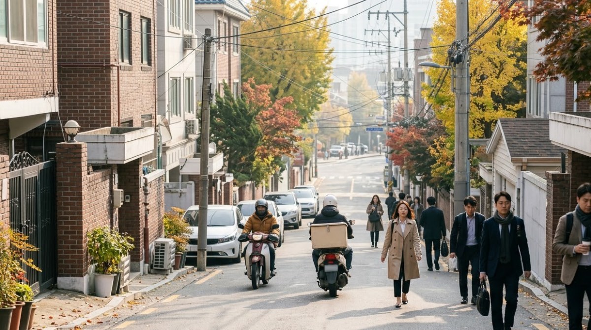 아침 출근길 골목을 걷는 사람들