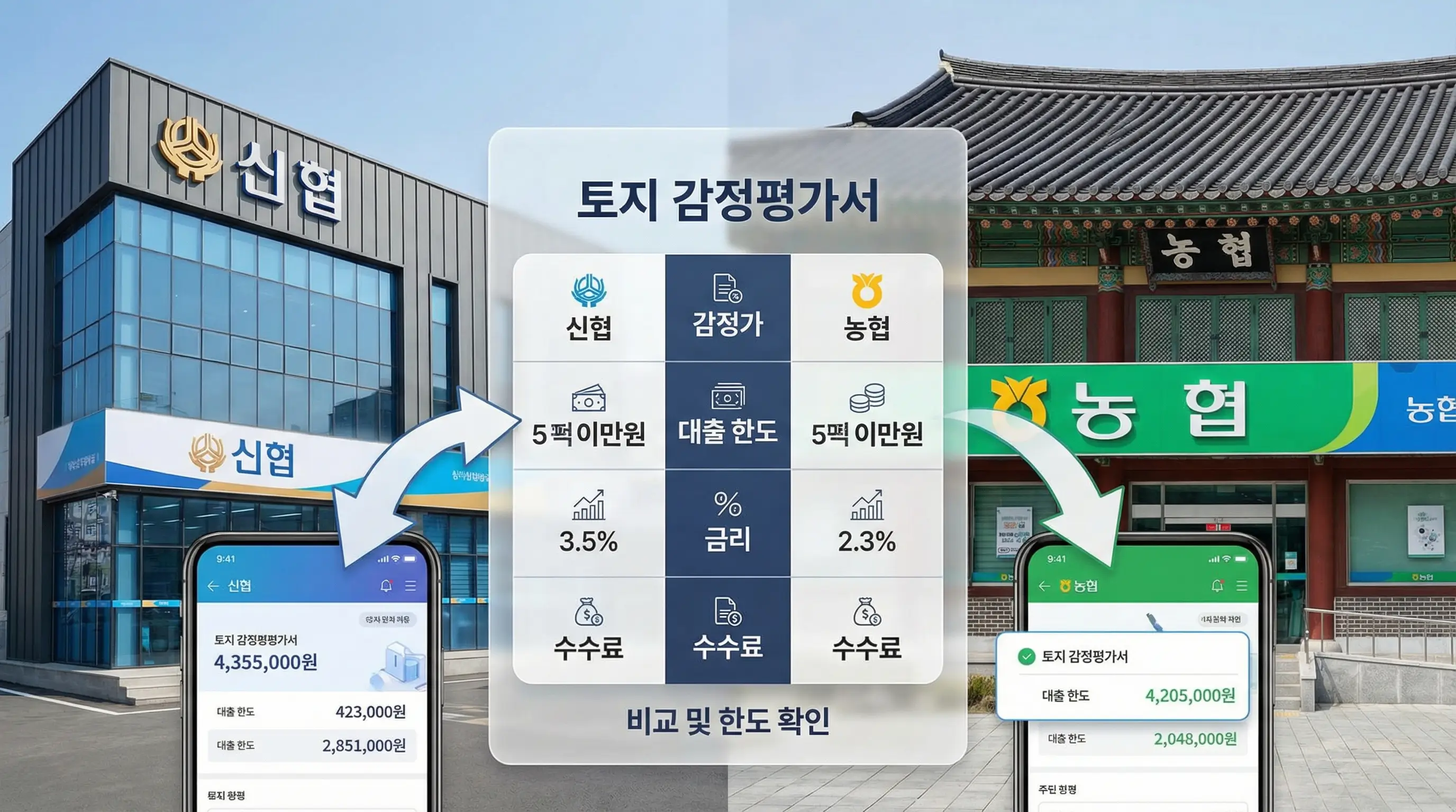 신협과 농협 건물을 배경으로 토지 감정평가서를 비교하고 한도를 확인하는 인포그래픽