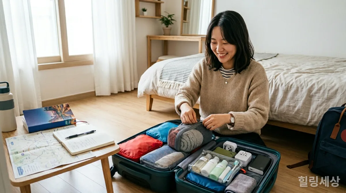여행 경비 절약을 위해 짐을 효율적으로 꾸리는 한국인 여행자
